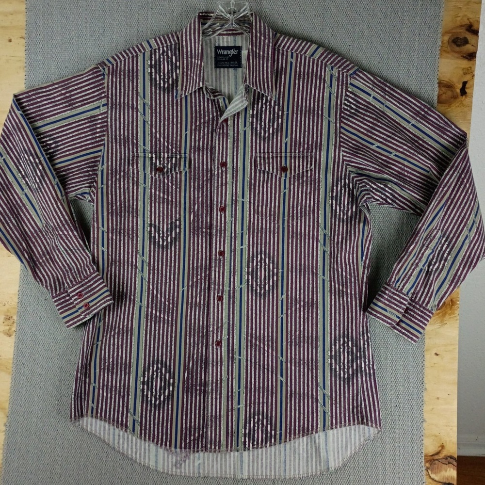 Wrangler Cowboy Cut Shirt Men 16.5-34 Burgundy Striped Western Long Tail